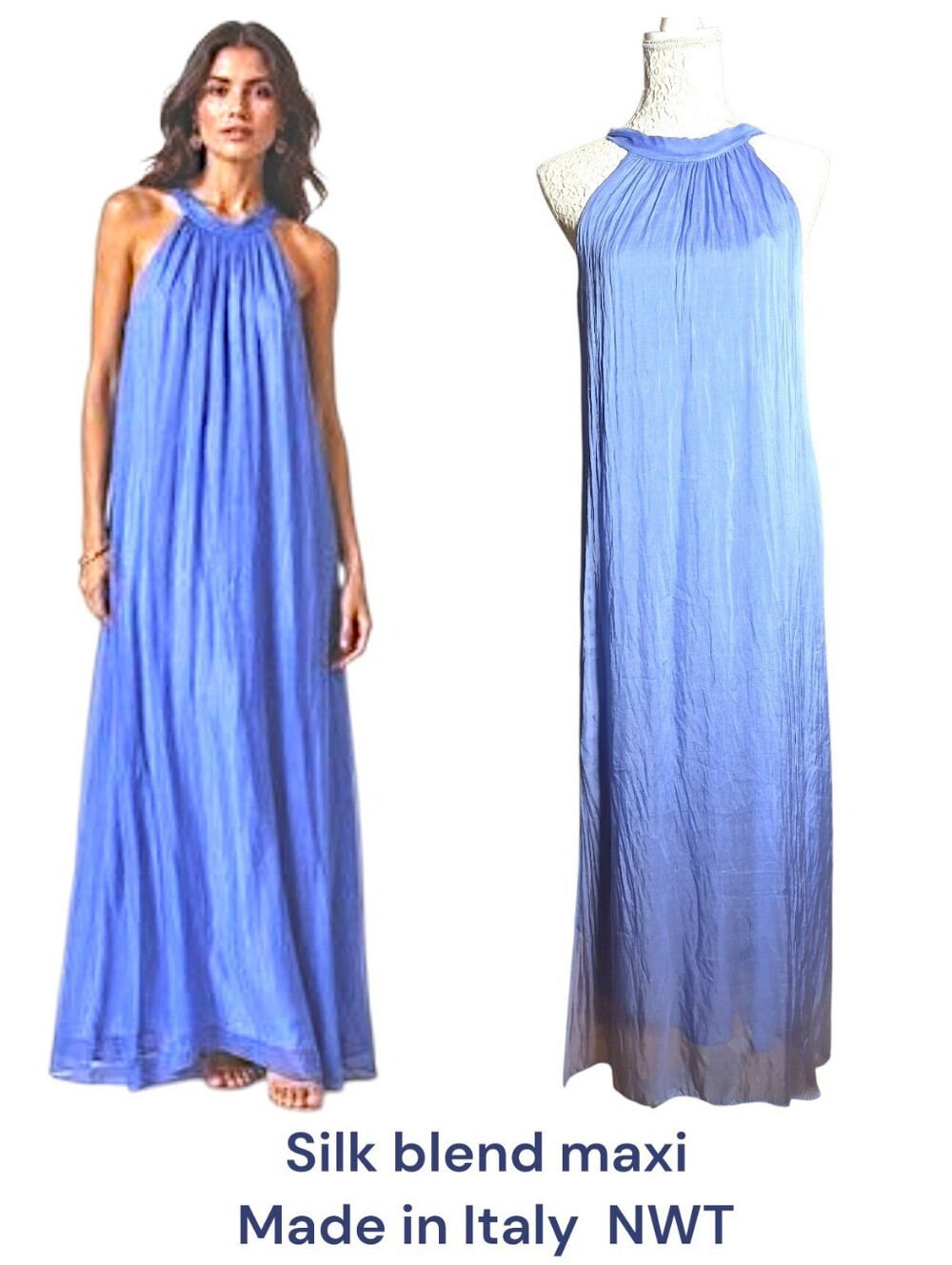 Silk Blend Blue Maxi Dress NWT Rosemarine Made In Italy
